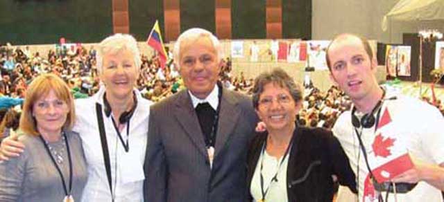 Scarboro delegates to the Congress (L-R Kathy Murtha, Kate O’Donnell, Julia Duarte, and Peter Bagnall) celebrate with Bishop Victor Corral (centre) of the Diocese of Riobamba where Scarboro missionaries have served for many years. 