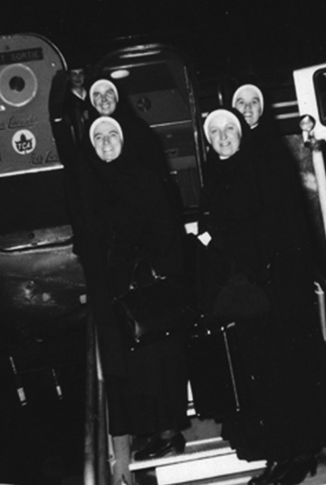 Our Lady's Missionaries leaving for Japan, their first overseas mission, on October 21, 1956. Founded in 1949 in Alexandria, Ontario, Our Lady's Missionaries relocated to Toronto in 1959. The group receives members universally, who participate fully in the life and mission of the Congregation and the Church. In 1957, another mission was opened in Nigeria. As requests came from various countries, missions were opened in Mexico, the Philippines, Brazil, and England. Short term support work has also been provided in Vietnam, Thailand, Mozambique, the Canadian North, and East Timor.