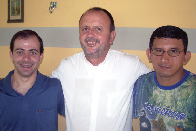 Photo courtesy of Ron MacDonell, S.F.M. 
	Left-Right: Deacon Cristiano Quatrin, Bishop Roque Paloschi of Roraima Diocese, and seminarian Jorge da Silva, Roraima; Brazil
