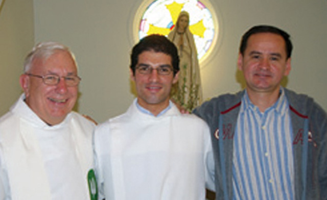 L-R: Fr. Jack Lynch, Scarboro’s Superior General, with Fr. Juan Solorzano and seminarian Fernando Arango.