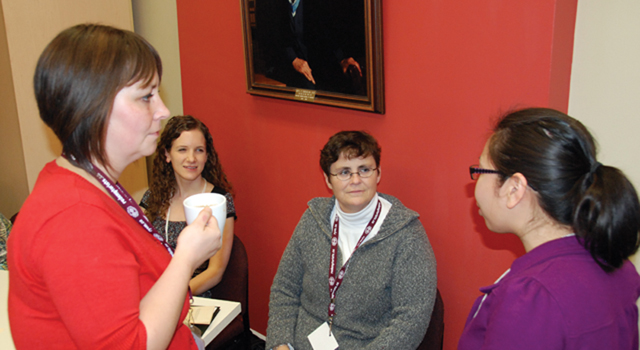 Participnts at the Canadian Catholic Campus Ministry's national roundtable, 'One Body in Christ', attended by 12 different Catholic organizations. (L-R): Genevieve Gallant (Canadian Catholic Organization for Development and Peace); Theresa Gilbert (National Campus Life Network); Sr. Maureen Baldwin, CND (National Association of Vocation and Formation Directors—NAVFD) and Grace Parillas (Youth for Christ).