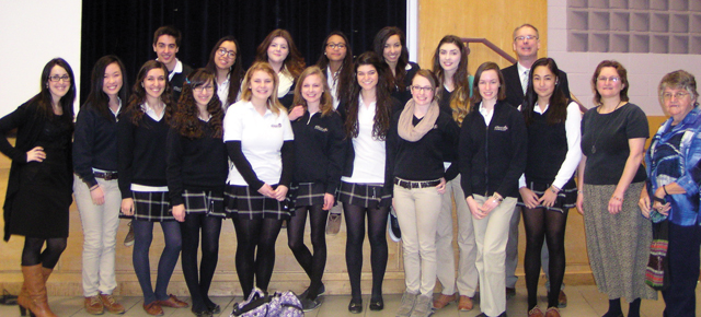 All Saints Catholic Secondary School Development & Peace group with teachers Lauren Zakoor (far left) and Jean-Marc Tessier, with visitors Sisters Mary Gauthier (standing far right) and Christine Gebel. Whitby, Ontario.