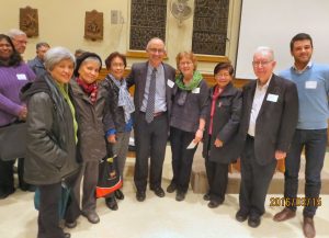 Some attendees shown with the speaker, Rabbi Edward Elkin & Sr. Lucy Thorson at centre,. Also at right is Hector Acero of the SFM Interfaith Dept.