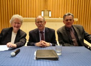 The two speakers with the moderator, Fr. Scott Lewis, VP & Dean of Regis College